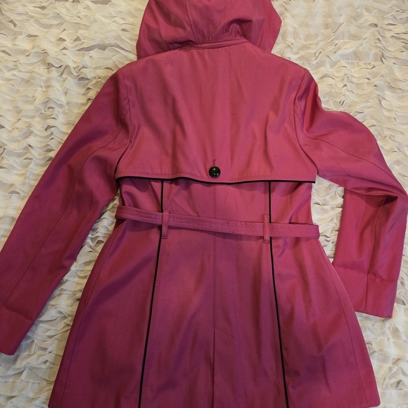 Pink Guess Hooded Faux Leather Trim Water Resistant Double Breasted Trench Coat - Picture 6 of 6